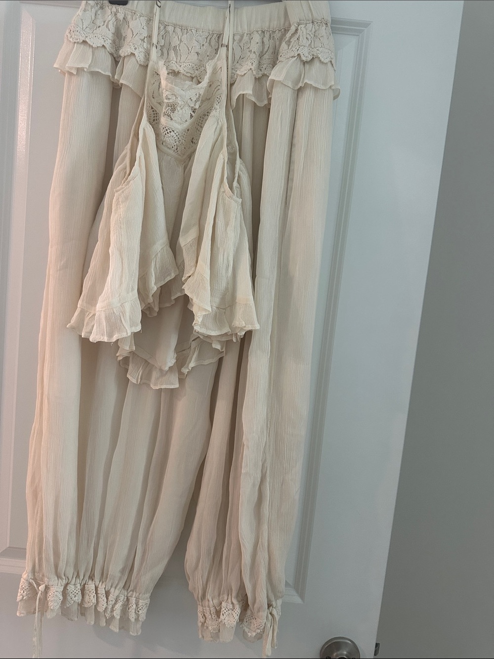 Free People Cream Boho Wide-Leg Jumpsuit with Lace Trim